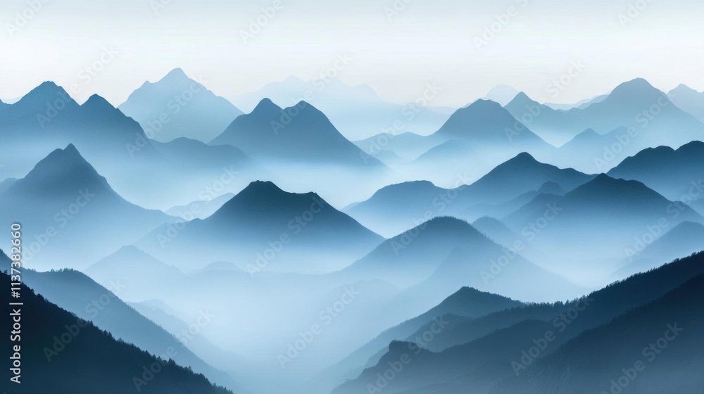 Serene mountain landscape with layers of blue and misty atmosphere. Serene mountain landscape with layers of blue and misty atmosphere.