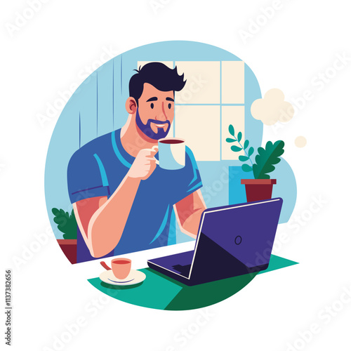 A man taking coffee break during work, flat illustration 

