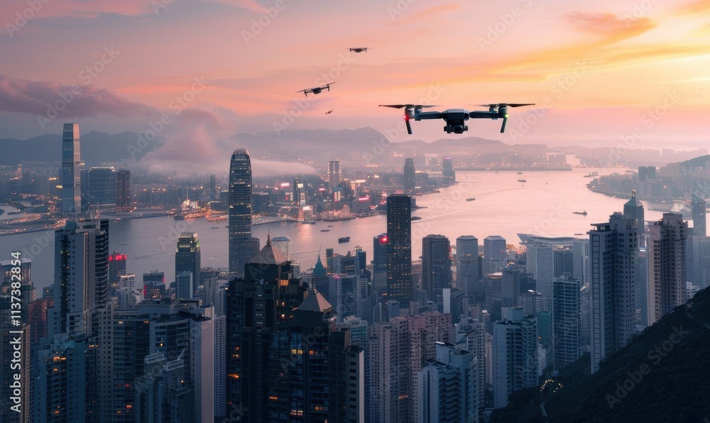 Aerial view of a cityscape with drones flying at sunset. Aerial view of a cityscape with drones flying at sunset.