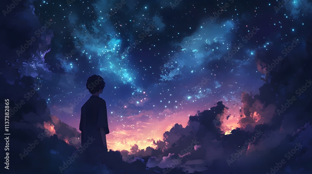 A lone figure gazes at a vibrant starry night sky A lone figure gazes at a vibrant starry night sky