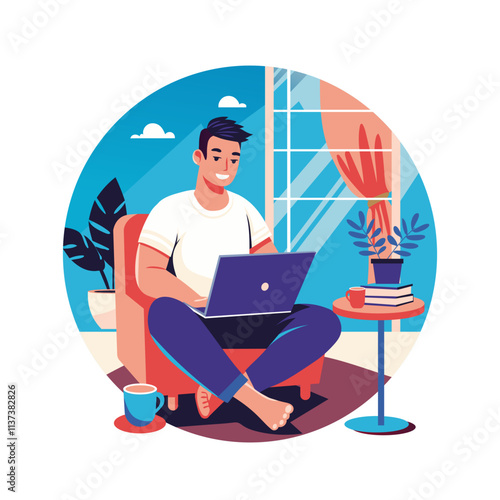Freelancer working on a laptop, flat illustration 

