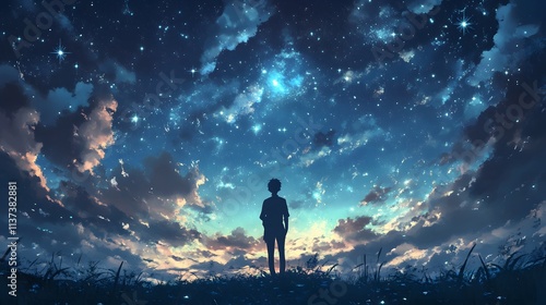 Lone Figure Silhouetted Against A Starry Night Sky