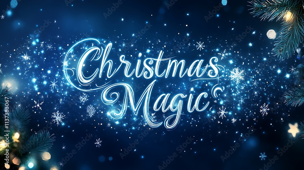 Christmas Magic in whimsical, glowing script with sparkling swirls of light, set against a twilight blue background filled with soft, twinkling stars and a faint snowflake motif. --ar 16:9 Christmas Magic in whimsical, glowing script with sparkling swirls of light, set against a twilight blue background filled with soft, twinkling stars and a faint snowflake motif. --ar 16:9