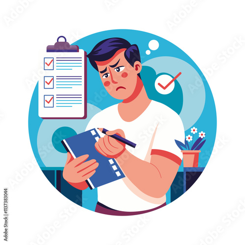 A flat illustration of a person checking task list 

