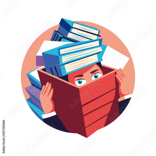 Employee hiding himself due to workload, flat illustration 

