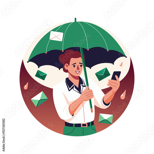 A person stuck in an email storm, flat style illustration 

