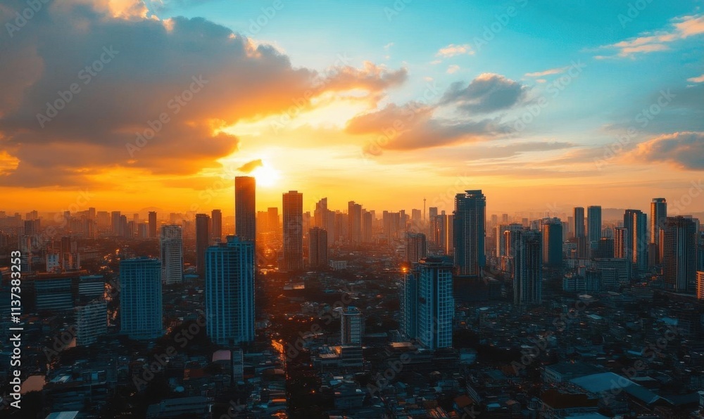 Fototapeta premium A vibrant sunset over a city skyline, showcasing urban life and architecture.