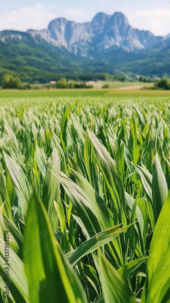 Lush green fields with mountains in the background under a clear sky. Lush green fields with mountains in the background under a clear sky.