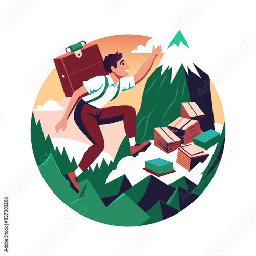 Ambitious person climbing on a mountain, flat illustration 
