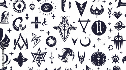 Magic symbols seamless pattern, black white signs - archaic gothic folk art. ethnic background. magic and magical art. pagan signs. Runic. Illustration