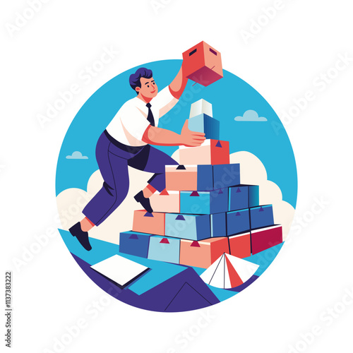 A flat illustration of a man making work pyramid 

