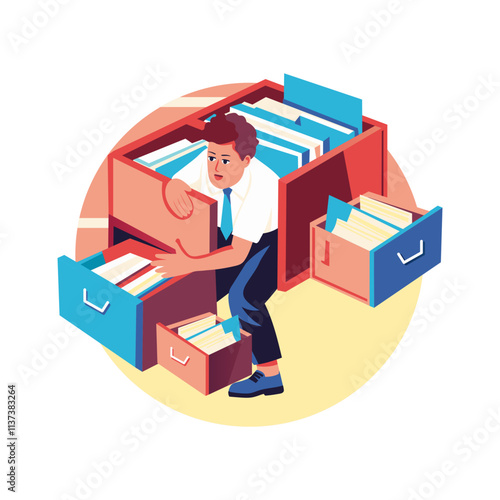 A flat illustration of a person stuck in office files 

