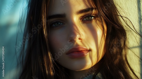 Close up portrait of a young woman with long brown hair and green eyes, illuminated by golden sunlight