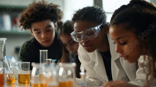 Students engaged in a science experiment with various glassware.