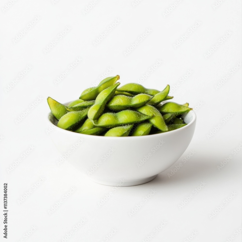 A simple bowl of plain edamame, lightly salted and served in a minimalist white ceramic bowl, Edamame centered A simple bowl of plain edamame, lightly salted and served in a minimalist white ceramic bowl, Edamame centered