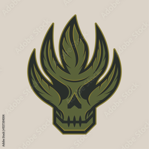 Skull cannabis plant with leaf in green color cartoon style