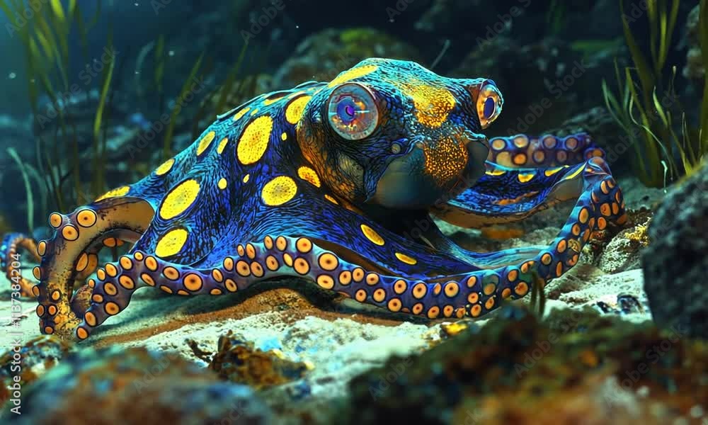 A vibrant octopus with blue and yellow patterns resting on the ocean floor. A vibrant octopus with blue and yellow patterns resting on the ocean floor.