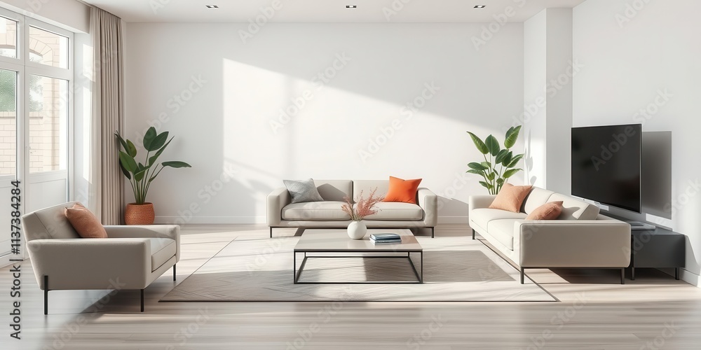 A sleek and stylish living room with minimalist furniture and a pop of color, house, apartment A sleek and stylish living room with minimalist furniture and a pop of color, house, apartment