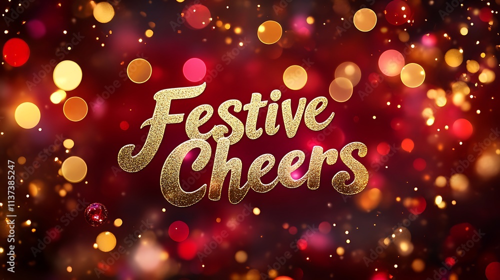 Festive Cheers in bold, brushed gold text, layered over a sparkling bokeh effect in vibrant gold and crimson tones, subtle gradient glow enhancing the festive mood. --ar 16:9 Festive Cheers in bold, brushed gold text, layered over a sparkling bokeh effect in vibrant gold and crimson tones, subtle gradient glow enhancing the festive mood. --ar 16:9
