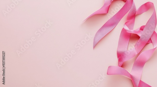 A supportive Breast Cancer Awareness Month scene with pink ribbons and motivational quotes against a soft pink background, macro shot, Minimalist style photo