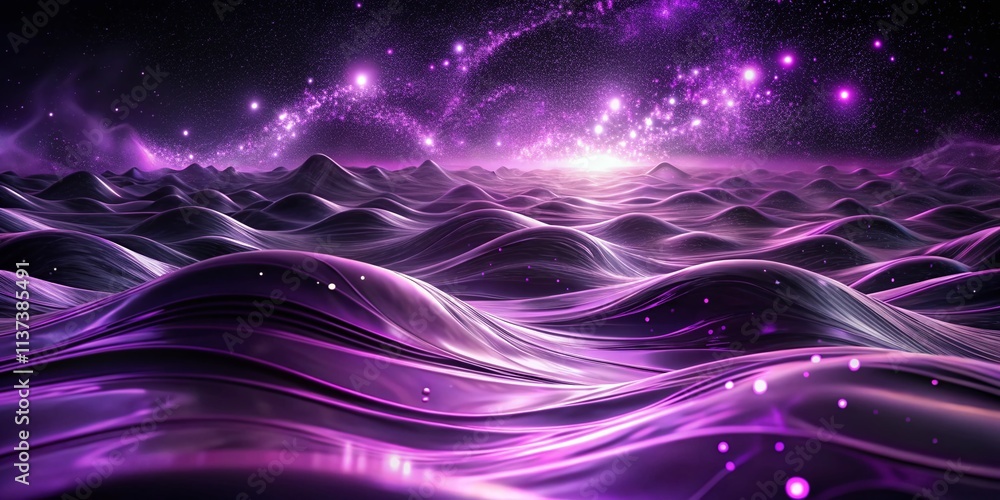 Abstract Waves of Black and Purple Glowing Sparkles Creating a Dreamlike Landscape in a Surreal Environment Abstract Waves of Black and Purple Glowing Sparkles Creating a Dreamlike Landscape in a Surreal Environment