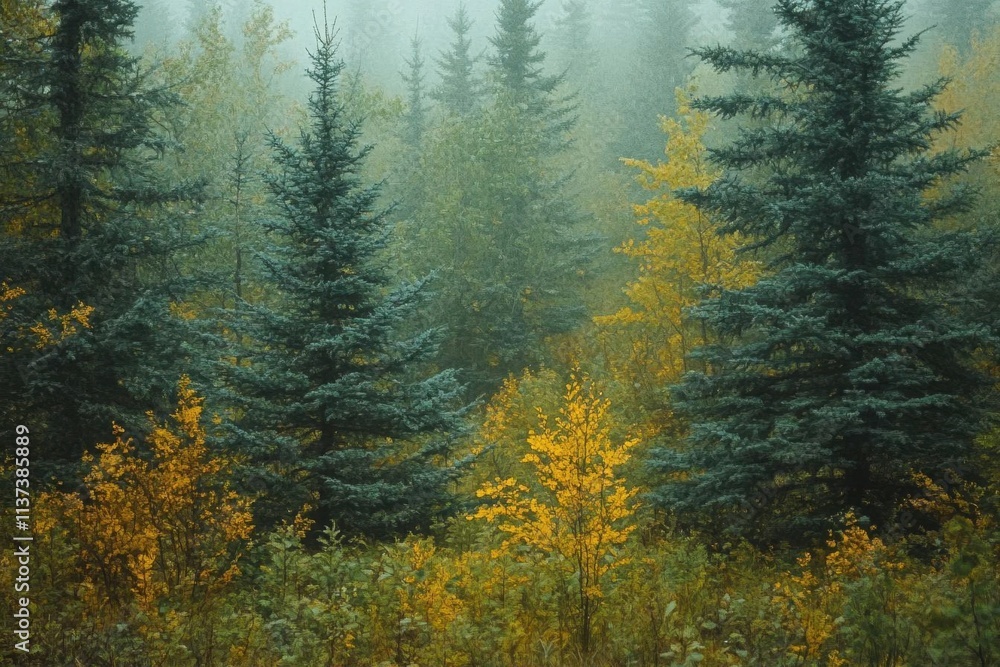 Misty forest with evergreen trees and vibrant autumn foliage. Misty forest with evergreen trees and vibrant autumn foliage.