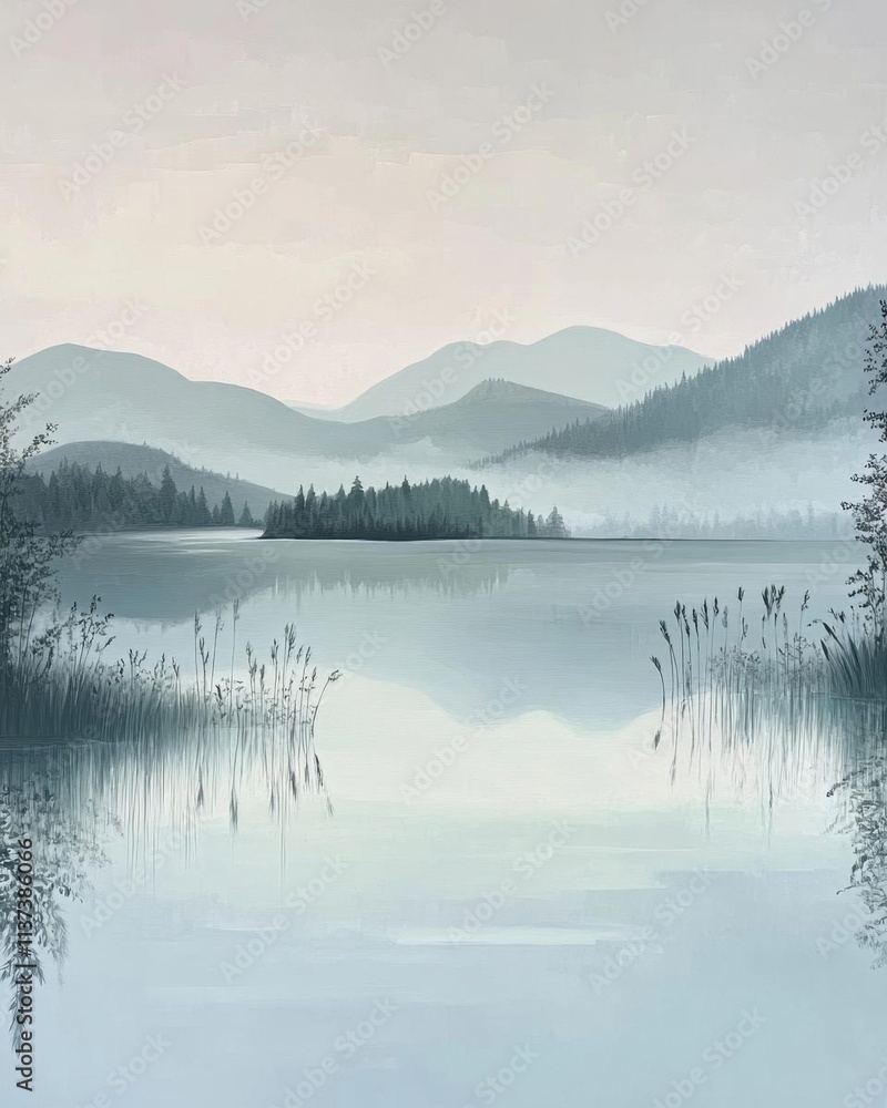 Serene landscape featuring mountains and a tranquil lake at dawn. Serene landscape featuring mountains and a tranquil lake at dawn.
