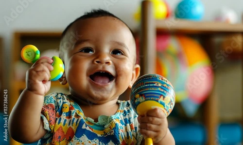 A joyful baby holding a colorful maraca, smiling in a vibrant playroom.