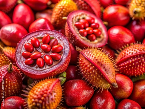 Achiote Seeds, Bixa Orellana Plant, Annatto Seeds, Natural Dye, Red Pigment, Tropical Plant,  Botanical Illustration,  Close-up,  Macro Photography,  Food Coloring,  Cosmetic Ingredient photo