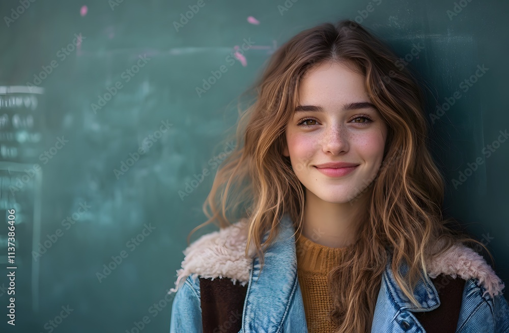 Young Woman Smiling Near Green Chalkboard Background Young Woman Smiling Near Green Chalkboard Background