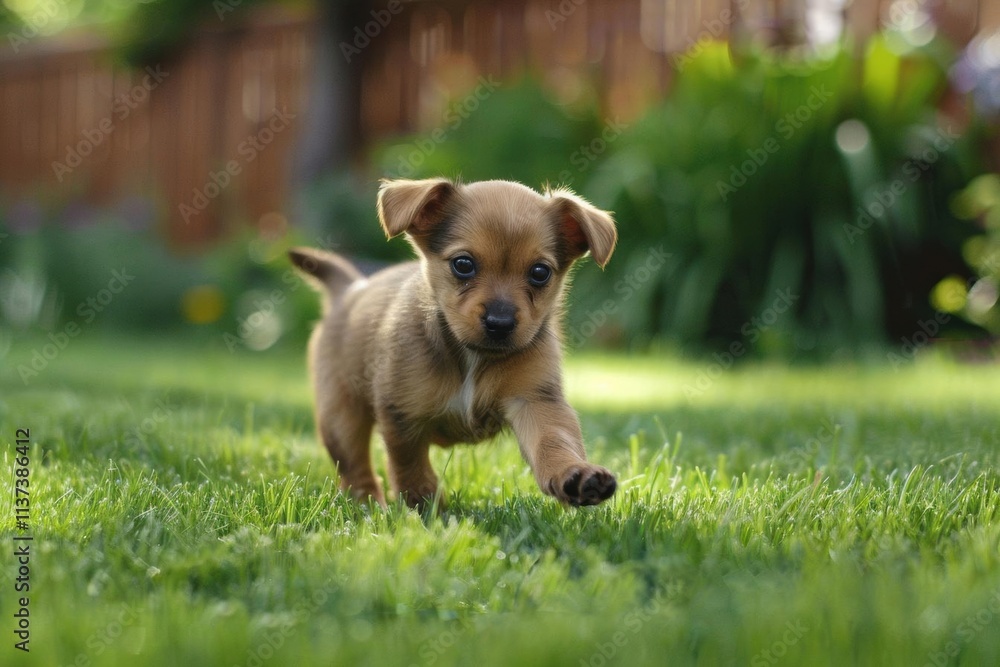 A playful puppy running through lush green grass in a garden setting. A playful puppy running through lush green grass in a garden setting.