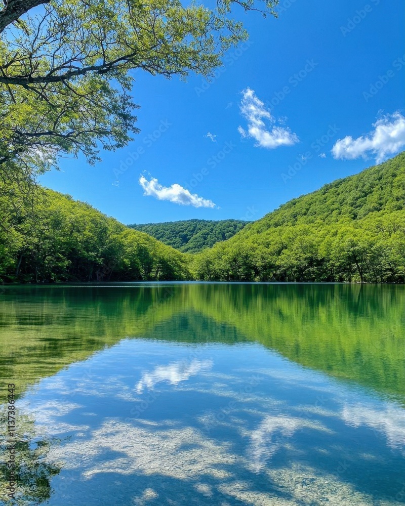 Serene lake surrounded by lush green mountains under a clear blue sky. Serene lake surrounded by lush green mountains under a clear blue sky.