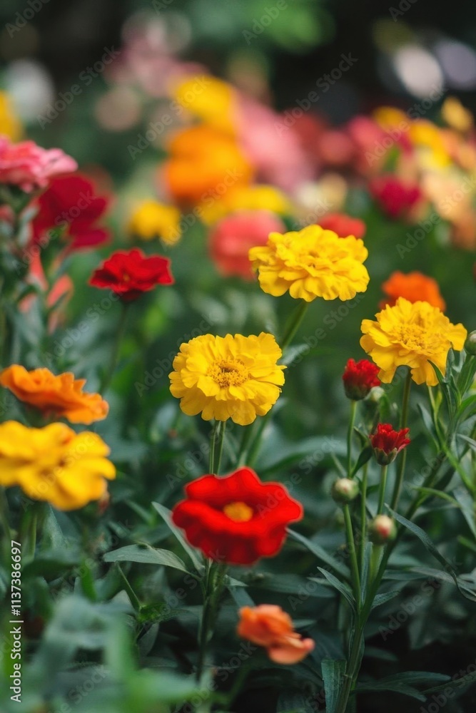 A vibrant display of blooming flowers in various colors. A vibrant display of blooming flowers in various colors.