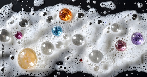 Colorful gemstones nestled in foamy bubbles photo