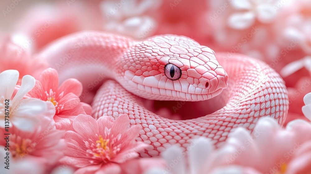 Fototapeta premium Pink snake coiled amidst delicate pink and white blossoms. (1)
