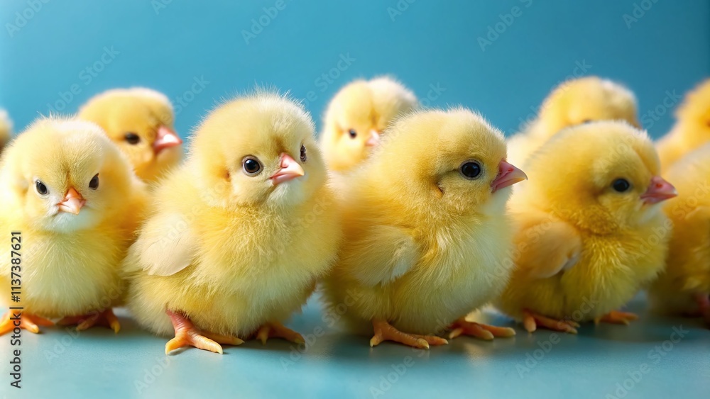 Fototapeta premium Adorable Fluffy Yellow Baby Chicks on Blue Background - Cute Chicken Pictures