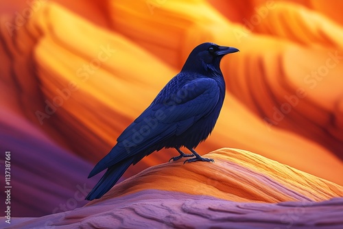 Black Raven Perched On Vibrant Desert Rock Formation photo