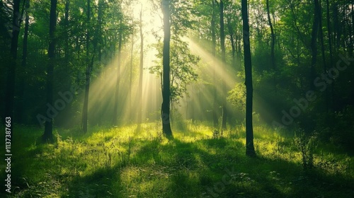 Sunlight streams through trees in a serene forest setting.