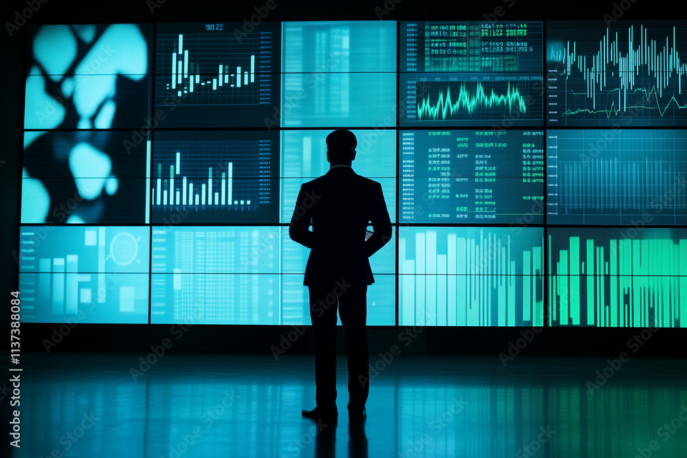 man stands in front of a large monitor displaying various graphs and numbers. The man is focused and attentive, possibly analyzing the data on the screen. Concept of concentration and seriousness man stands in front of a large monitor displaying various graphs and numbers. The man is focused and attentive, possibly analyzing the data on the screen. Concept of concentration and seriousness