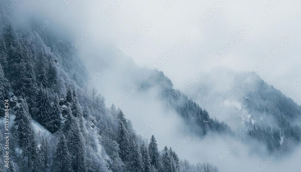 Misty mountains covered in snow, creating a serene winter landscape. Misty mountains covered in snow, creating a serene winter landscape.