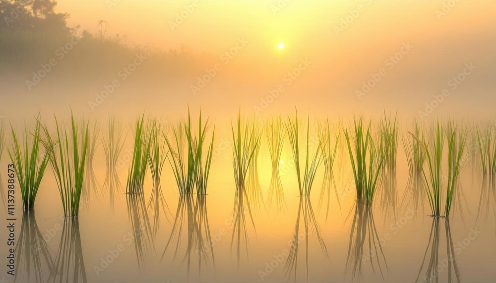 Serene sunrise over a misty rice field reflecting golden light. Serene sunrise over a misty rice field reflecting golden light.