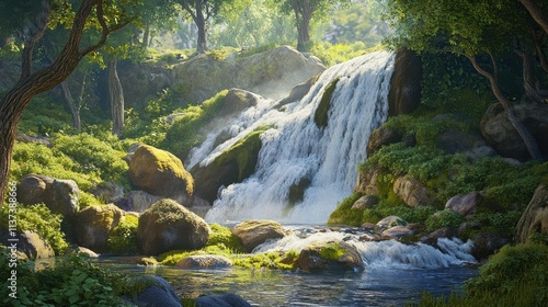 Tranquil, picturesque waterfall surrounded by lush greenery and moss-covered rocks, photorealistic, serene