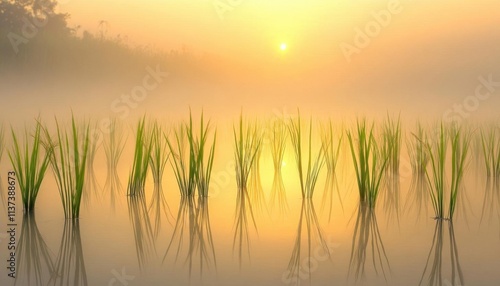 Serene sunrise over a misty rice field reflecting golden light.