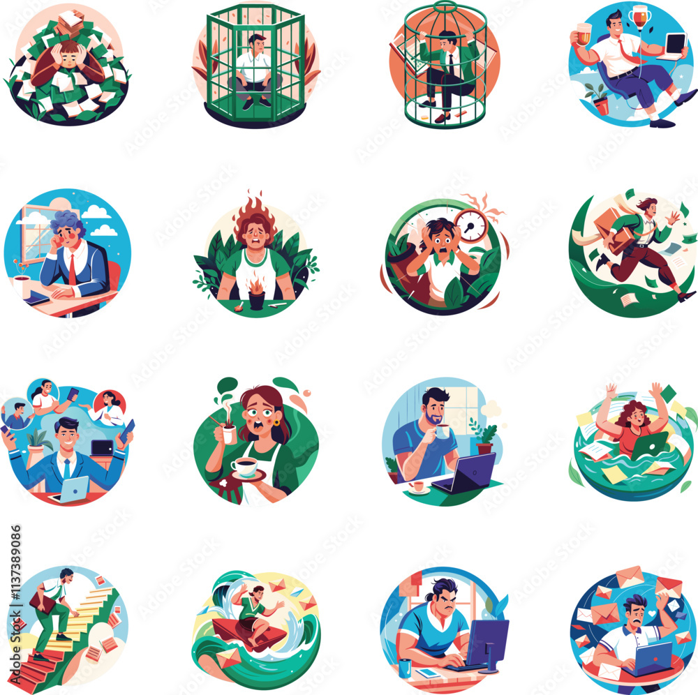 Collection of Workaholic Characters Flat Illustrations
Collection of Workaholic Characters Flat Illustrations