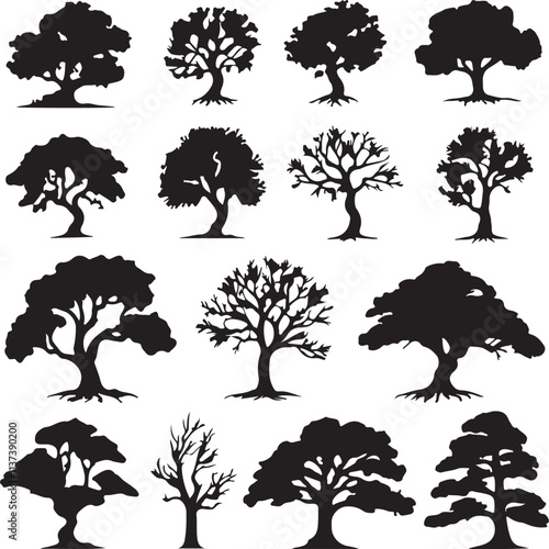 set of silhouettes of trees