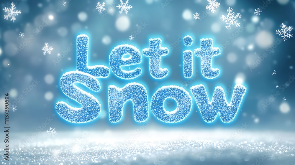 Let it Snow in icy blue and white frosted text, glowing faintly, snowy gradient background transitioning from white to icy blue, shimmering snowflakes floating gently. --ar 16:9 Let it Snow in icy blue and white frosted text, glowing faintly, snowy gradient background transitioning from white to icy blue, shimmering snowflakes floating gently. --ar 16:9