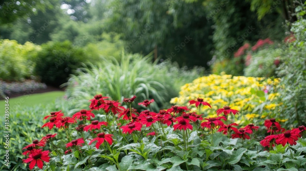 A vibrant garden scene featuring blooming red flowers and lush greenery. A vibrant garden scene featuring blooming red flowers and lush greenery.