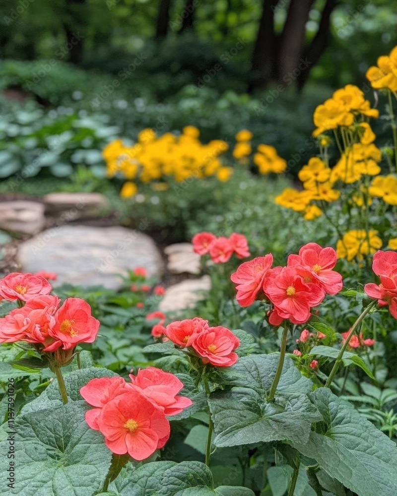 A vibrant garden scene featuring blooming flowers in various colors. A vibrant garden scene featuring blooming flowers in various colors.