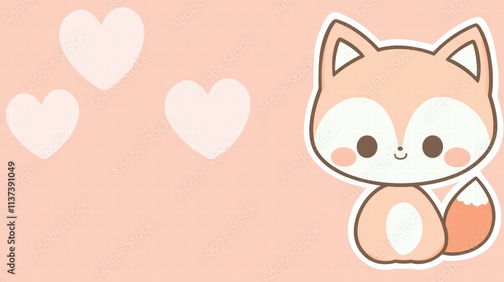 Cute Cartoon Fox Character on Soft Pink Background with Hearts Cute Cartoon Fox Character on Soft Pink Background with Hearts