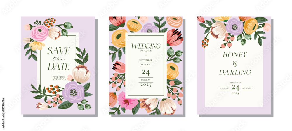 Elegant wedding invitation card template set with beautiful flowers and leave, botanical flowers background vector illustration for save the date, card, cover, poster, greeting, rsvp